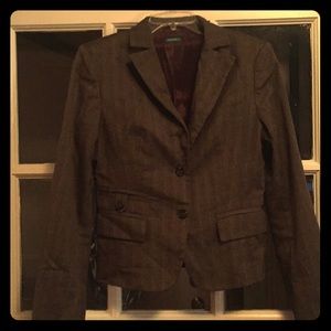 brown blazer with light blue pin stripes